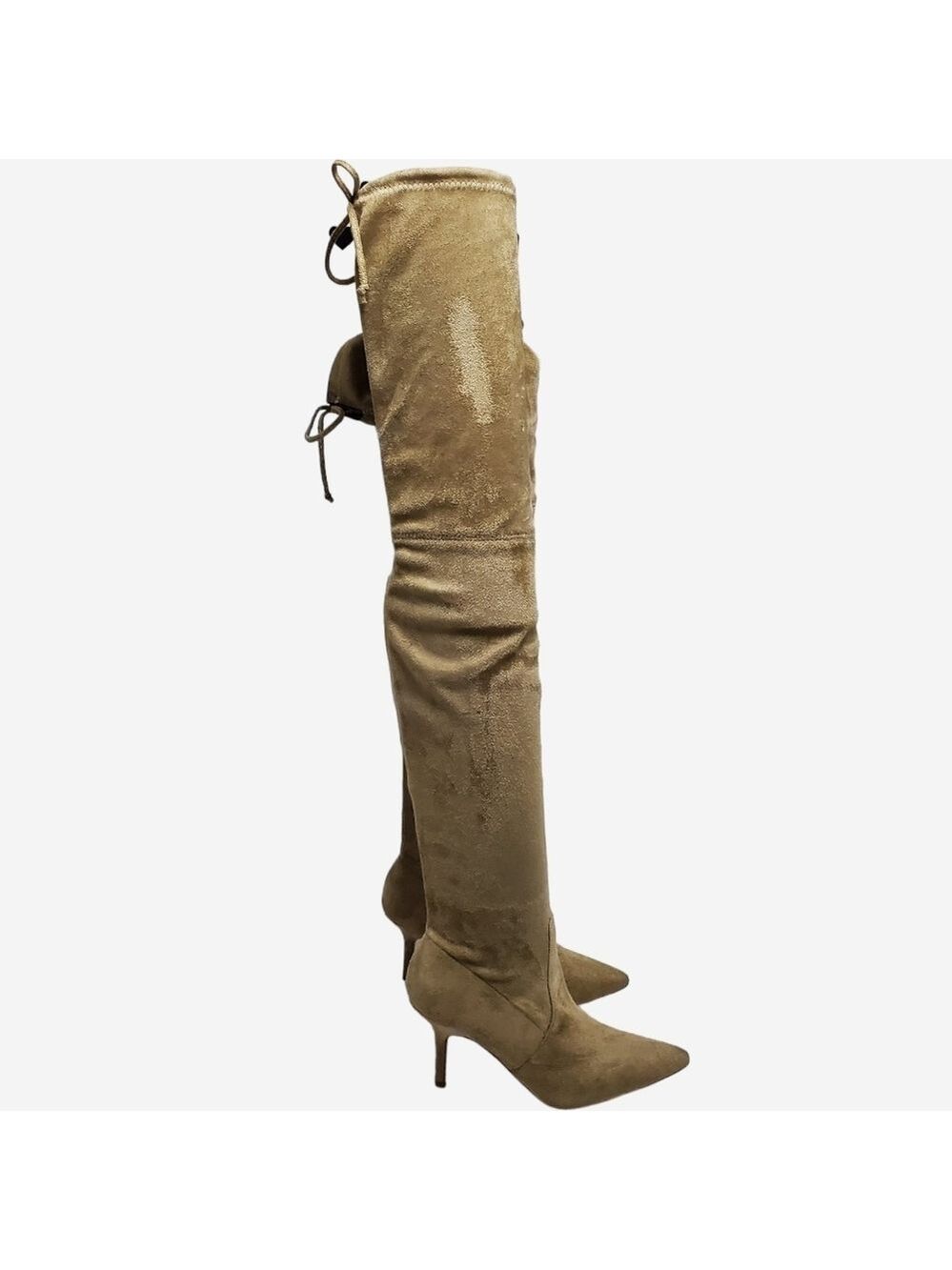 Suede Pointed Toe Over The Knees Thigh High Stretchy Heeled Boot - Picture 2 of 16